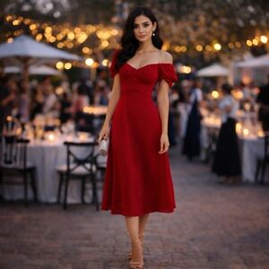Petal & Pup Red Midi Dress – Romantic Puff Sleeve Date Night (Size 4)